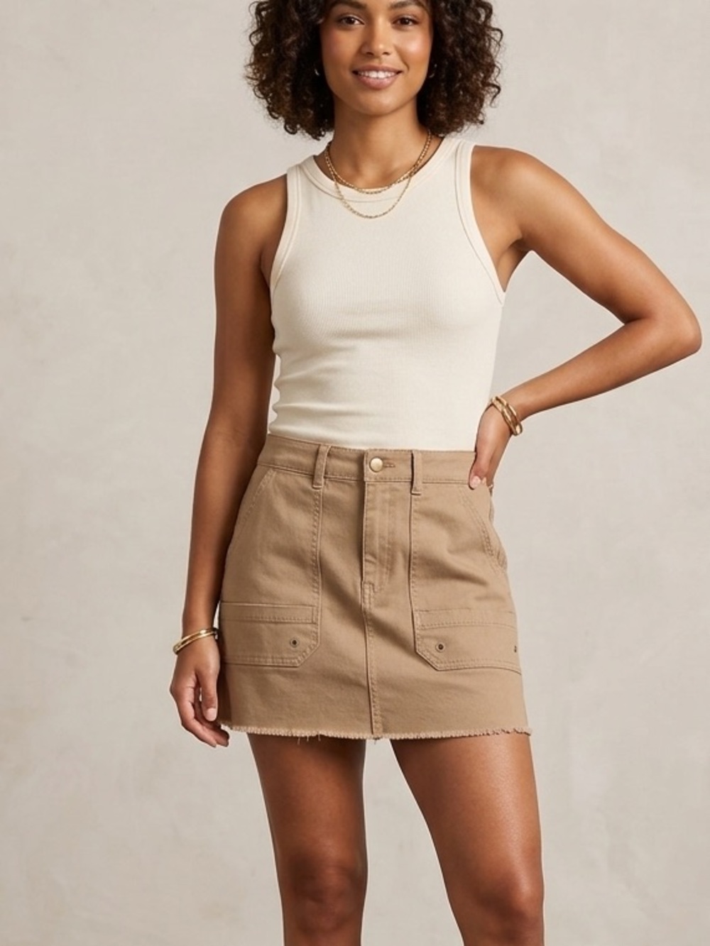 Y2K Cargo Utility Mini Skirt Tan Khaki Raw Hem Frayed Boho Gorpcore Size Medium